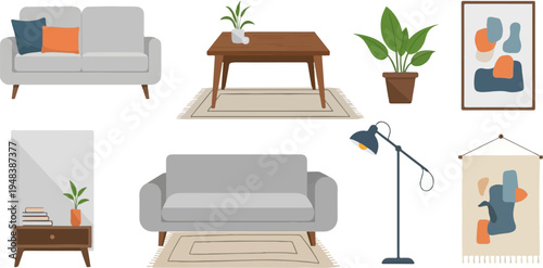 Cozy living room furniture and decor items arranged