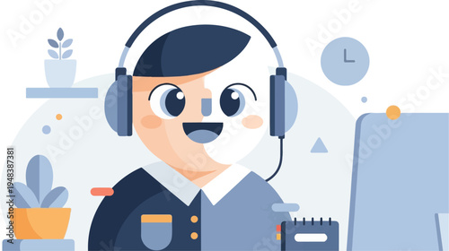 Cheerful person in headphones with computer and plants at workspace