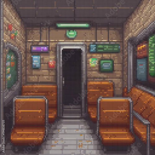 A pixel art image of a subway station with orange seats, a door, and various posters.