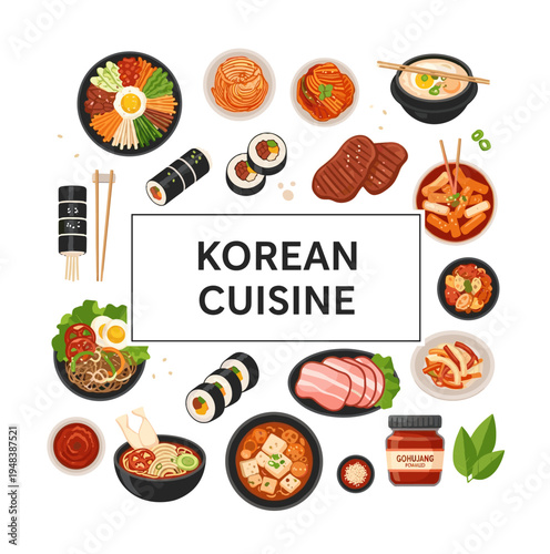 Assorted korean cuisine: kimbap, bibimbap, tofu soup, kimchi, traditional flavors and dishes