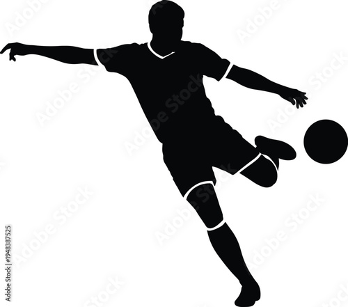 Powerful Silhouette of a Soccer Player Striking a Football, Capturing Intense Action and Skill for Sports-Themed Designs and Competitions.
