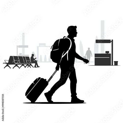 silhouette of tourist walking with luggage at airport