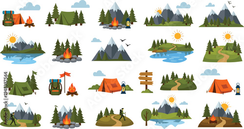 Vector Illustration of Camping and Hiking Scenes with Tents, Campfires, Mountains, Lakes, Trails, and Outdoor Adventures in Nature