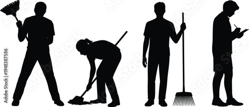 Cleaning worker silhouettes set, janitor sweeping floor with broom, sanitation staff raking and maintenance service team, black silhouette vector illustration