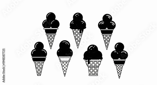 Collection of stylized black ice cream cones, some with drips