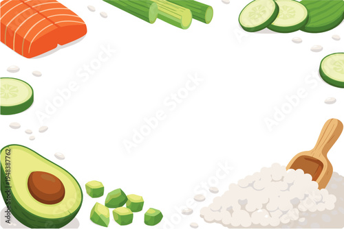 Sushi ingredients frame with salmon, avocado, and cucumber