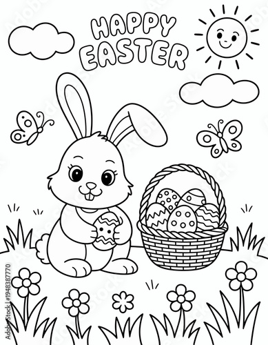 A cheerful bunny holds an Easter egg next to a basket filled with decorated eggs. Butterflies flutter nearby as the sun smiles down.