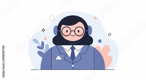Cheerful person in suit wearing headphones, surrounded by abstract shapes and plants