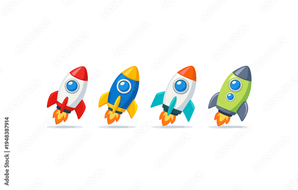 Obraz premium Colorful cartoon rockets in flight on white background