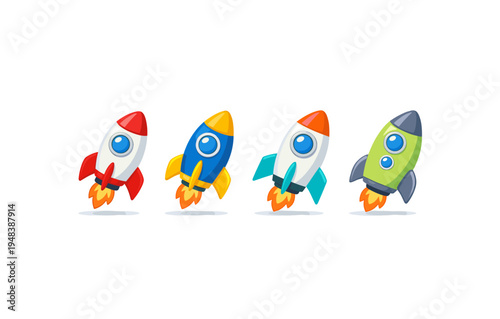 Colorful cartoon rockets in flight on white background