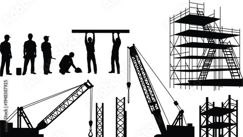 Construction worker and crane silhouettes collection, builders lifting beam, scaffolding structure, industrial construction equipment, contractor labor team, black silhouette vector illustration set