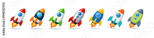 Colorful cartoon rockets in flight on white background