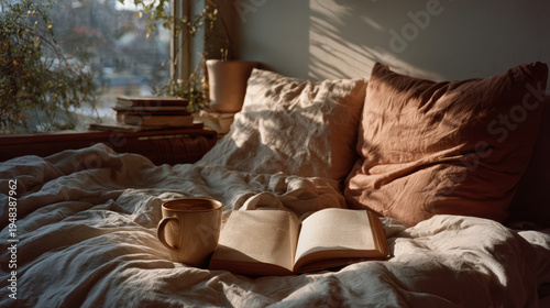 Unmade Bed Two Pillow Indentations Open Book Empty Coffee Cup Morning Light — Lifestyle Editorial Intimacy Domestic Living