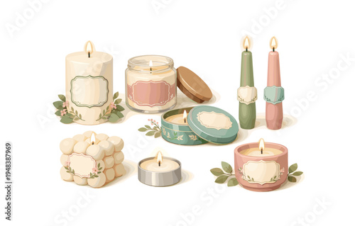 Assorted decorative scented candles with floral labels and leaves