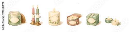 Assorted decorative candles in glass jars and holders on white background