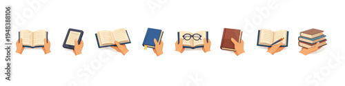 Hands holding books and tablet in various reading positions