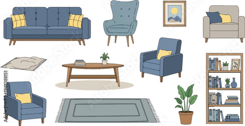 Cozy living room interior with sofa, armchairs, coffee table, rug, and bookshelf