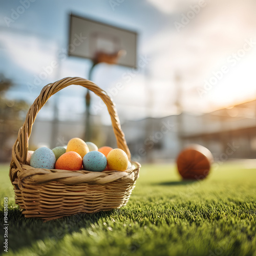 Easter basket with colorful eggs on spring grass at a basketball court, hoop and ball behind, warm morning sunlight, bright seasonal sports scene.