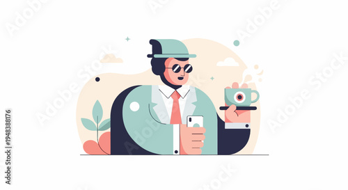 Dapper gentleman in hat and shades sips coffee, holds phone