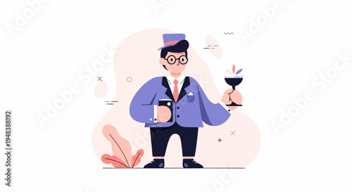 Dapper man in a hat and suit holding a drink and a book