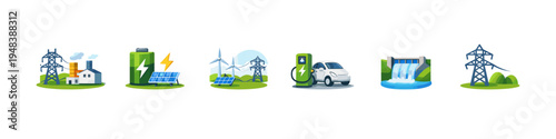 Renewable energy sources illustration with solar panels, wind turbines, and electric car