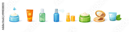 Colorful assorted skincare and cosmetic products on white background