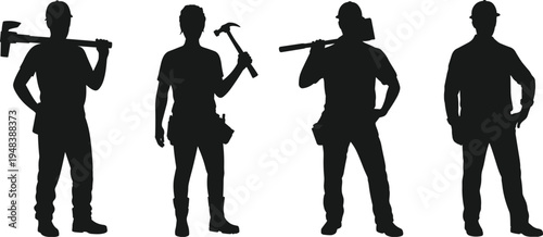 Construction worker silhouettes collection, builders holding hammer tools, contractor handyman labor team, industrial worker set, black silhouette vector illustration