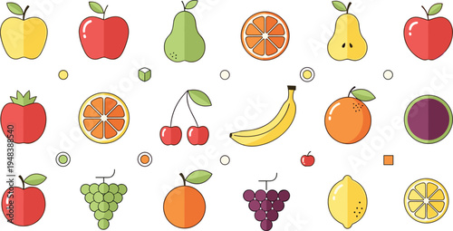 Vector Illustration of Fresh Fruits Including Apples, Oranges, Bananas, Grapes, Lemons, and Cherries in a Simple and Colorful Design
