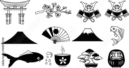 Collection of traditional Japanese cultural icons and symbols