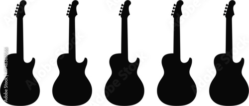 Collection of black electric guitar vector silhouettes featuring classic musical instrument shapes for rock band logos and music festival design.