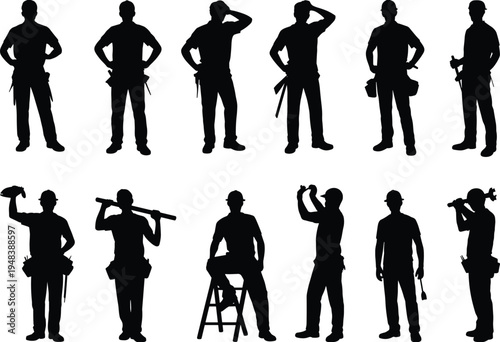 Construction worker silhouettes set with tools and ladder, builder and engineer poses, industrial labor profession, handyman team, isolated vector illustration