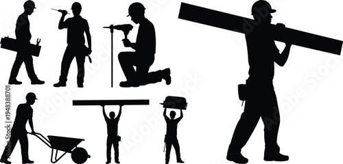 Construction worker silhouettes set, builders drilling, carrying wooden planks, pushing wheelbarrow, lifting materials, contractor handyman industrial labor, black silhouette vector illustration