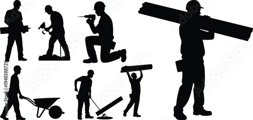 Construction worker silhouettes set, builders drilling, hammering, carrying wood planks, wheelbarrow work, contractor handyman labor collection, black silhouette vector illustration