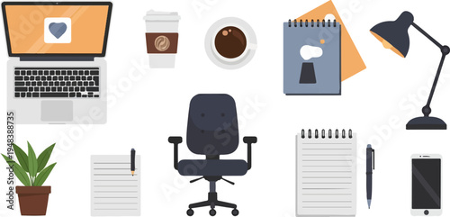 Desk scene with laptop, chair, plant, notebooks, coffee, lamp, and phone