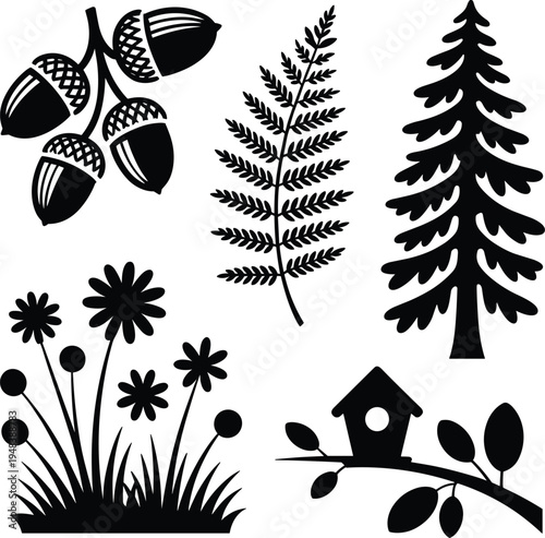 Black and white nature of acorns, fern, tree, flowers, and birdhouse