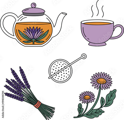 Purple teapot with lavender and chamomile tea cup tea strainer