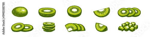 Various kiwi slices and shapes on white background