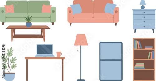 Collection of various flat-designed home furniture and decor items