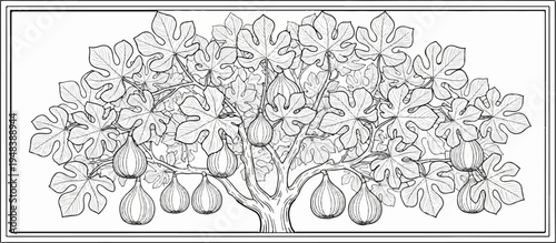 Detailed illustration of a lush fig tree heavy with fruit, framed by a decorative border