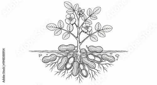 Detailed illustration of a peanut plant showing flowers, leaves, roots, and underground pods