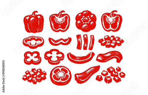 Red bell pepper illustrations: slices, dices, and whole peppers in bold design