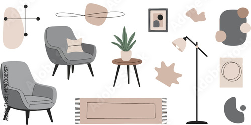 Cozy modern living room elements with abstract shapes