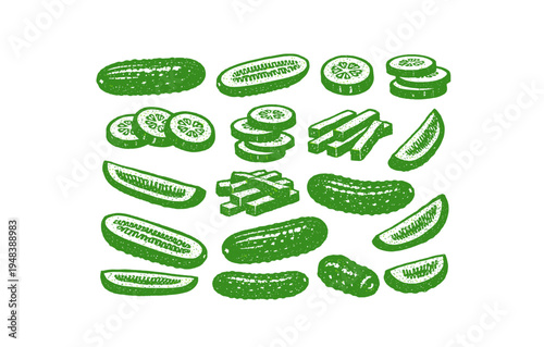 Various green cucumber cuts and slices on white background