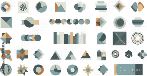 Collection of abstract geometric shapes and data visualization elements