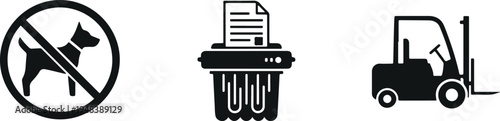 No dog sign, paper shredder machine, and forklift truck icon vector set isolated on light background for prohibition, office equipment, and warehouse transport design