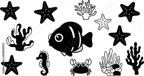 Collection of whimsical black and white sea creatures and coral