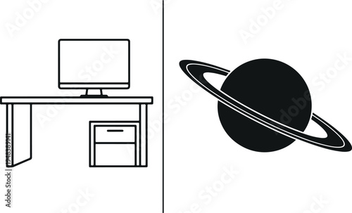 Office desk with computer and Saturn planet icon vector set isolated on light background for workspace, astronomy, and technology design