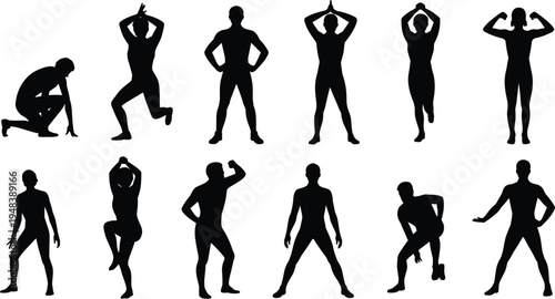Collection of black vector silhouettes featuring people in various athletic poses including stretching, flexing, and workout stances for sports and fitness design.