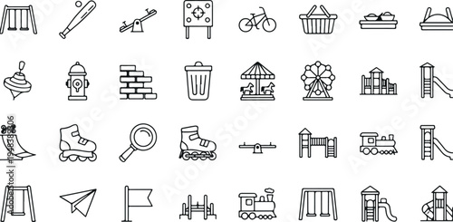 Playground and park activity icon vector set with swing, slide, bicycle, sandbox, train, and amusement park symbols isolated on light background