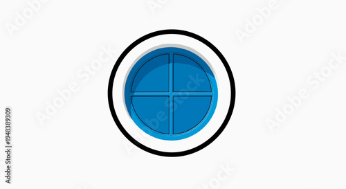 Circular blue window with four panes and a bold outline